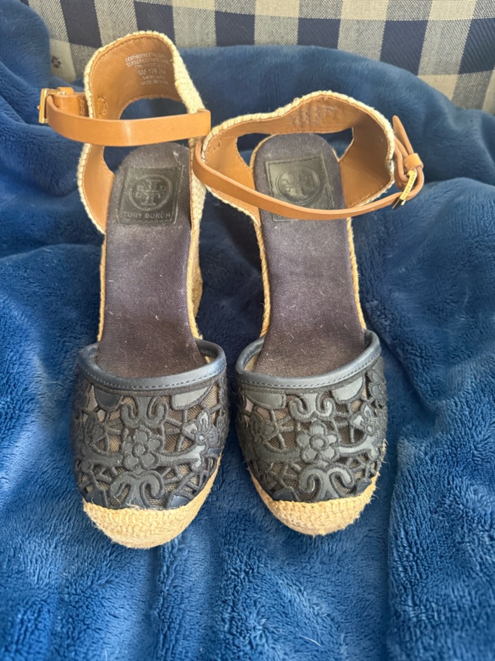 Tory Burch Black Lace Espadrille Wedges with Tan Ankle Strap size 6